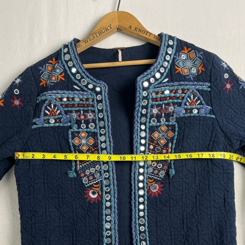 Temperance Navy Blue Embroidered Mirror Work Quilted Boho Jacket L - Picture 7 of 12